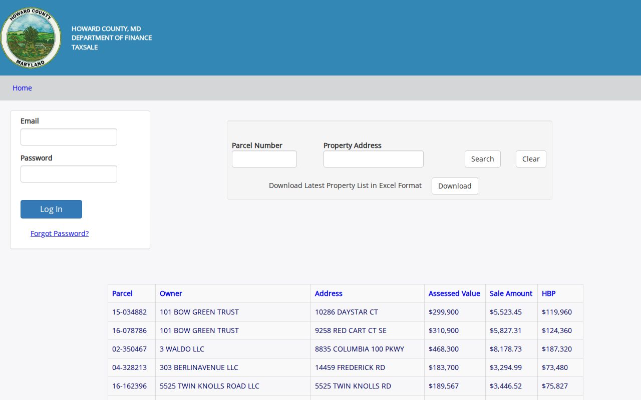 Howard County tax-sale property list with parcel owner and address columns