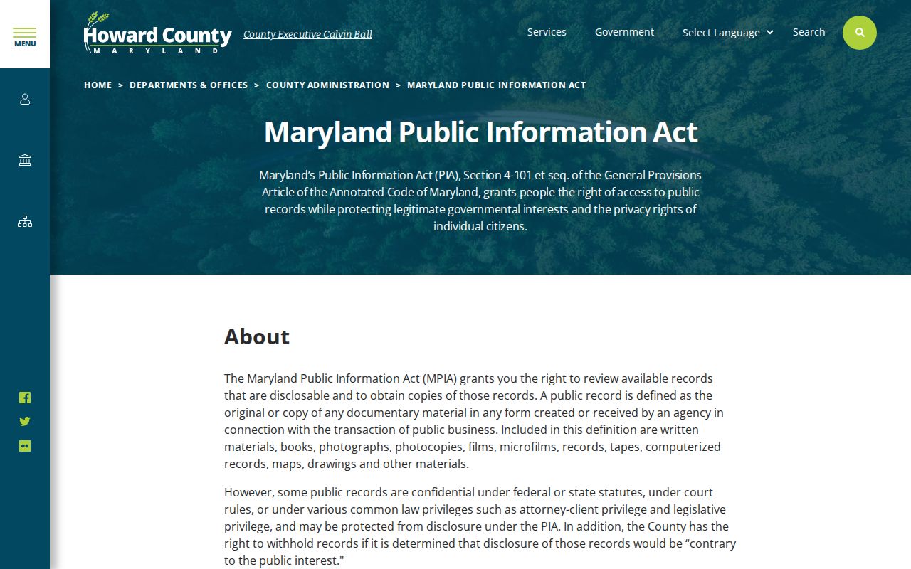 Howard County Maryland Public Information Act request routes for Ellicott City records